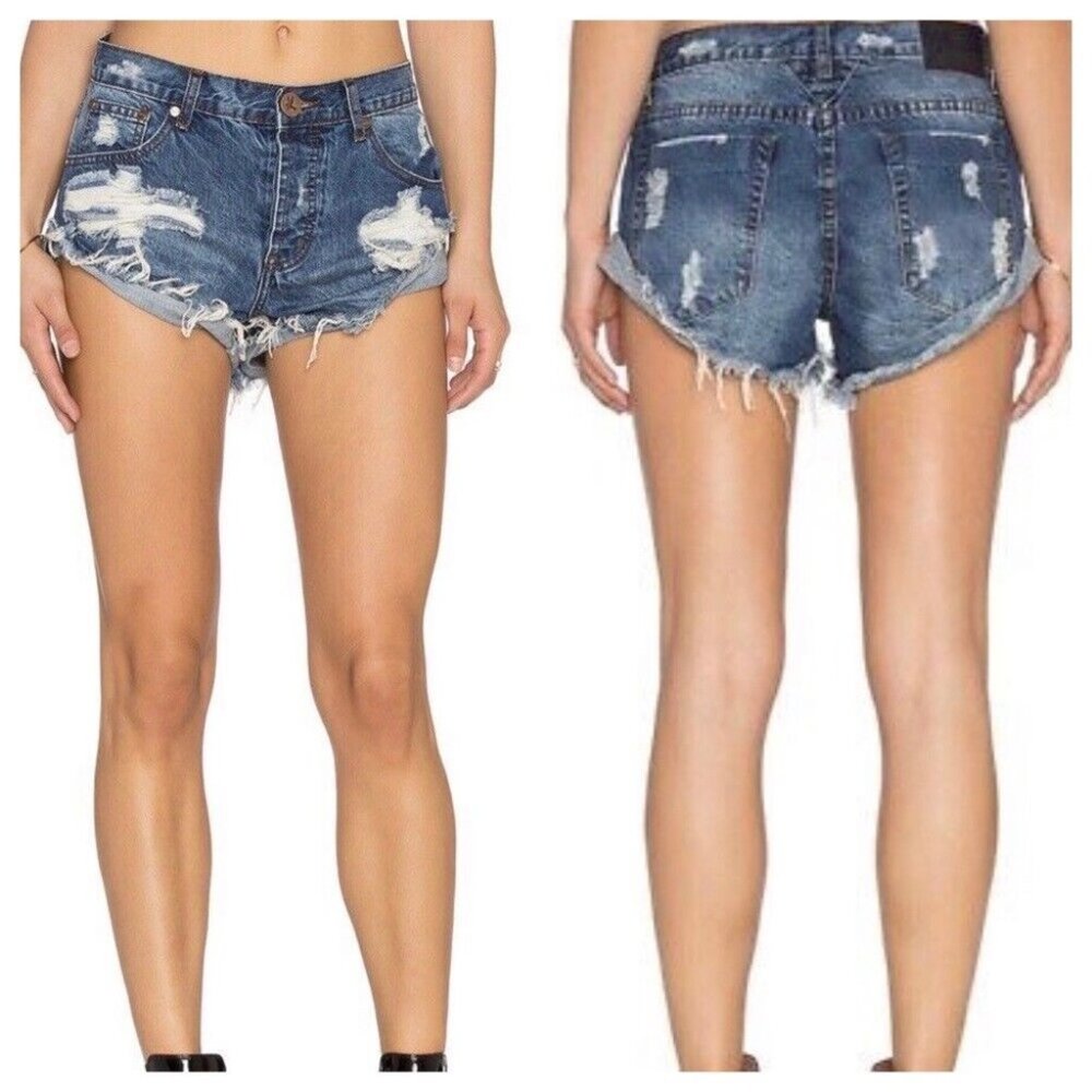 One Teaspoon Bandits Button Fly Denim Shorts Relax Fit Twisted Cuff Hem Blue